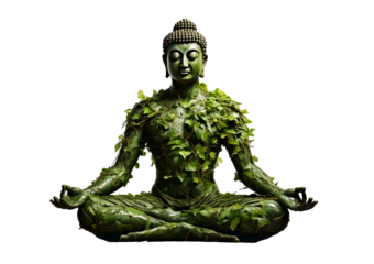 Illustration of a statue of a person sitting in a yoga pose. The body is made up of green, isolated on a transparent or white background.