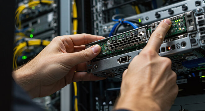 Hands install a circuit board into a server rack, highlighting network maintenance and repair.Concept of network installation and high-tech IT service.
