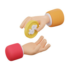 3D Render of Beige Hands Exchanging a Golden Coin with Dollar Symbol on Transparent Background Illuminated by Soft Lighting Ideal for Financial Concepts