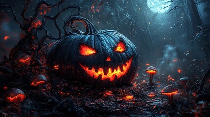 A large sinister pumpkin with glowing red eyes and exaggerated sharp teeth, surrounded by twisted vines and glowing mushrooms in an enchanted dark forest. Moonlight faintly filtering through leaves.