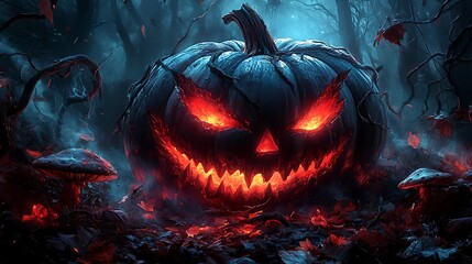 A large sinister pumpkin with glowing red eyes and exaggerated sharp teeth, surrounded by twisted vines and glowing mushrooms in an enchanted dark forest. Moonlight faintly filtering through leaves.
