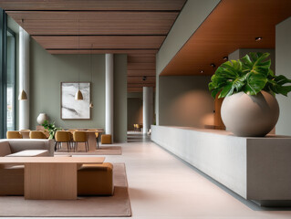 Modern interior minimalist lobby neutral color large window wooden ceiling elegant natural light contemporary furniture plant decor spacious