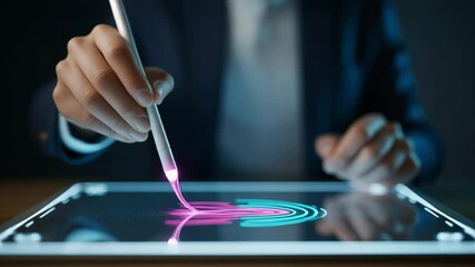 Close up of a hand using a stylus on a tablet creating a glowing digital fingerprint - Powered by Adobe