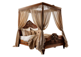 Luxurious wooden canopy bed with elegant drapes and intricate carvings, isolated on a transparent or white background.