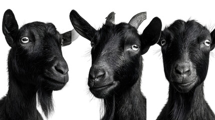 Farm animal black goat face bundle isolated on transparent background