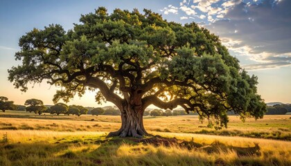 Fototapeta premium Majestic tree in golden field at sunrise