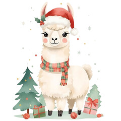 Alpaca with santa isolated on white