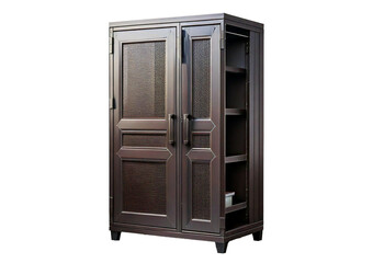 Fototapeta premium Modern metal storage cabinet with double doors, ideal for organizing tools and supplies isolated on a transparent or white background.