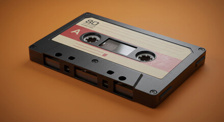 Fototapeta premium A retro audio cassette tape with a vintage label design, a symbol of analog music media.Concept of retro music and analog technology.