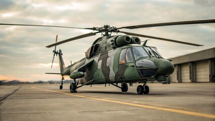 Medium Shot of Military Combat Helicopter Parked on Runway for Transport and Defense Concept