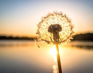 Sunrise silhouettes a dandelion seed head with one seed drifting over calm water