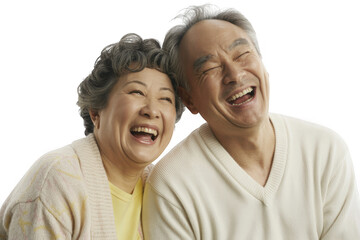Joyful elderly couple sharing laughter in a heartwarming studio portrait capturing cherished moments transparent background