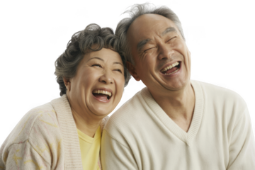 Joyful elderly couple sharing laughter in a heartwarming studio portrait capturing cherished moments transparent background