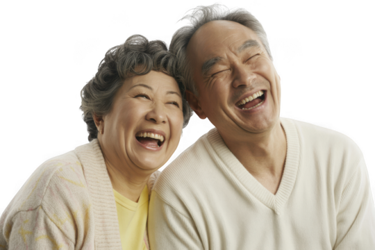 Joyful elderly couple sharing laughter in a heartwarming studio portrait capturing cherished moments transparent background