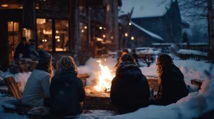 Friends sitting around a campfire at a ski lodge in winter evening  