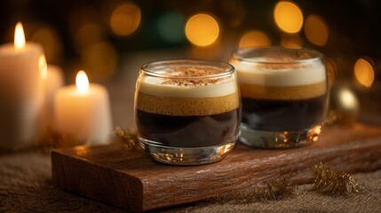 Two glasses of layered coffee with froth on wooden platter and candles  