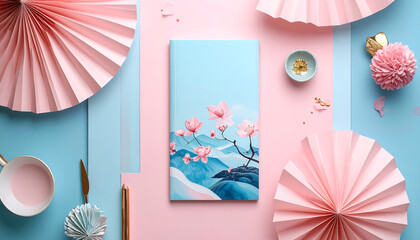 Flat Lay of Elegant Stationery and Mountain Art Print in Pastel Pink and Blue