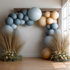 Balloon arch with soft blue and beige balloons, pampas grass, and flowers creates festive, elegant atmosphere in bright room with wooden floor