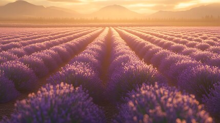 Stunning sunset over vast lavender field with rows of purple flowers meeting golden sky for serene peaceful nature landscape scenic beauty inspiration concept