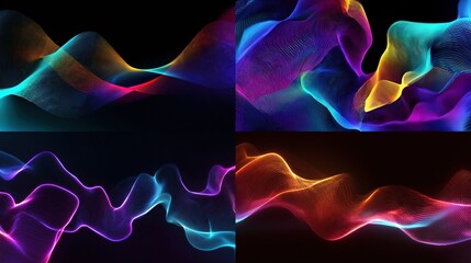 Dynamic abstract flowing waves with vibrant neon colors, ethereal light effects, dark space