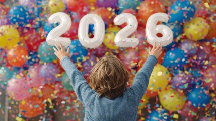 
Happy kid celebrating New Year with 2026 balloons and confetti background
