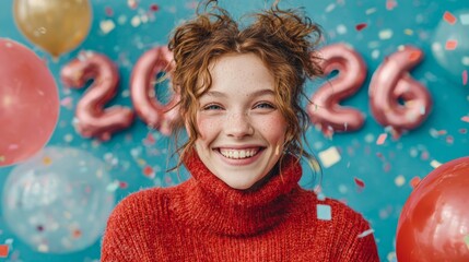 Young woman smiling while celebrating New Year 2026 with balloons  