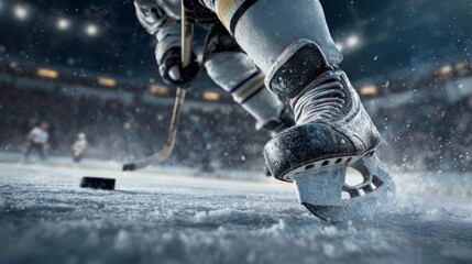 Close-up of hockey player skating on ice rink while preparing to shoot puck  