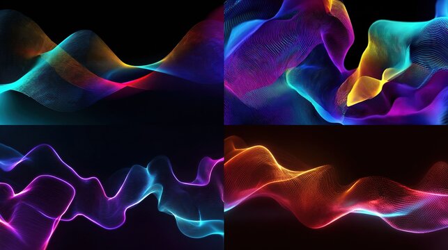 Dynamic abstract flowing waves with vibrant neon colors, ethereal light effects, dark space