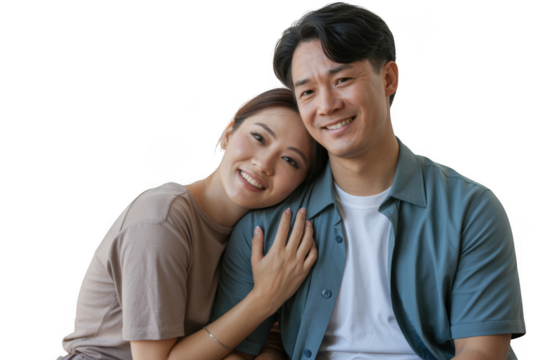 Heartwarming portrait captures affectionate asian couple sharing a tender moment together transparent background