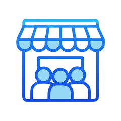 Blue store front with customers on a black background