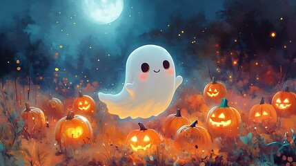 An adorable ghost floating over a candy-covered pumpkin patch, glowing jack-o'-lanterns illuminating the misty background, soft moonlight shining down, playful Halloween vibe.