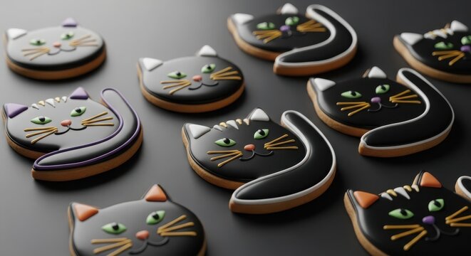 Group of black cat shaped cookies with green eyes and orange whiskers