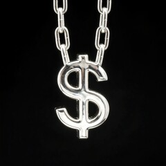 Close-up of a silver dollar sign pendant on a chain against a black background
