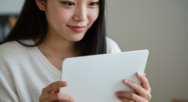 A woman looks thoughtfully at a tablet screen, highlighting the concept of digital work.Concept of digital technology and business productivity.