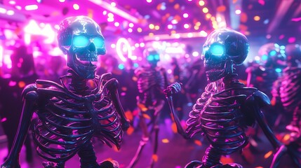 Skeletons in funky costumes dancing at a neon-lit Halloween club, glowing confetti floating through the air, spooky holographic decorations on the walls, electric atmosphere all around.
