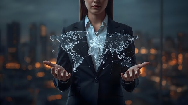 Business professional holding a glowing holographic world map symbolizing global connectivity and innovation.
