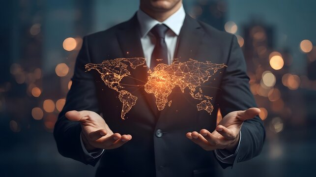 Business professional holding a glowing holographic world map symbolizing global connectivity and innovation.