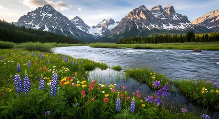 Majestic Mountains, a Flowing River, and a Colorful Wildflower Meadow Under a Bright Sky