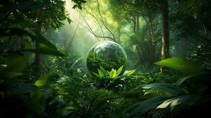 A lush green jungle with a transparent globe symbolizing environmental harmony and sunlight filtering through the dense foliage.