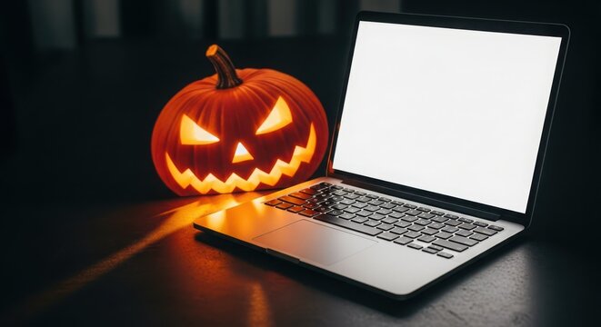 Jack o lantern pumpkin glowing next to a laptop with a blank white screen, halloween concept