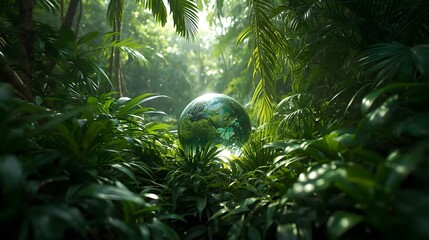 A lush green jungle with a transparent globe symbolizing environmental harmony and sunlight filtering through the dense foliage.