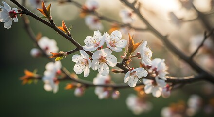 Obraz premium Delicate white blossoms on a branch with soft sunlight background