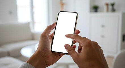 A person holds a smartphone with a blank screen, providing a mockup for an application or website. Concept of a mobile device mockup template.