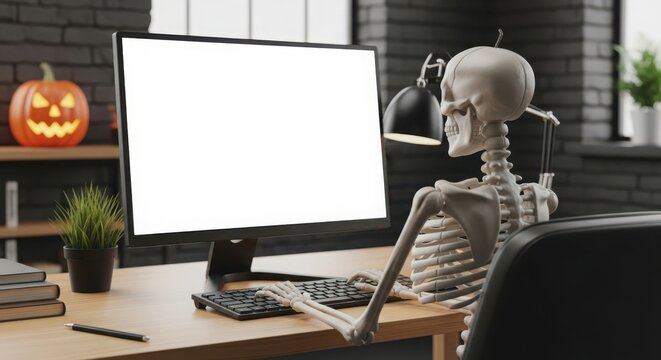 Skeleton sitting at a desk in front of a computer with a blank screen