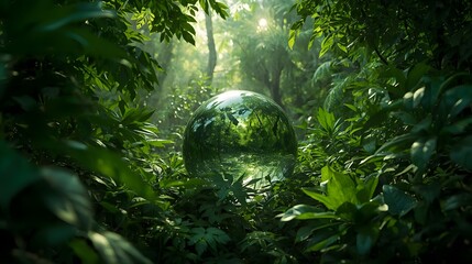 A lush green jungle with a transparent globe symbolizing environmental harmony and sunlight filtering through the dense foliage.