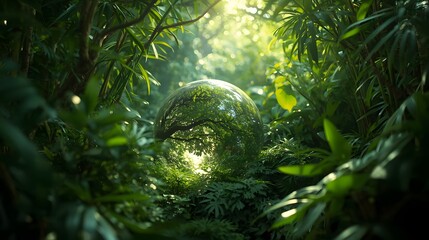 A lush green jungle with a transparent globe symbolizing environmental harmony and sunlight filtering through the dense foliage.