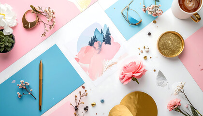 Creative Desk Flat Lay with Feminine Stationery and Scenic Mountain Print