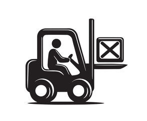 Black silhouette of a forklift truck operator lifting a box with an X mark on a white background driver