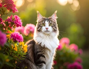 Majestic longhair cat sits amidst vibrant pink and yellow flowers, bathed in warm sunlight