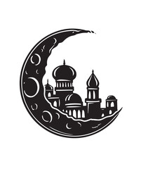 Black silhouette of a crescent moon with an Islamic city skyline and domes inside vector